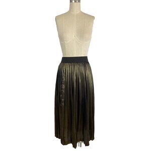 Helene Berman London Pewter Gold Metallic Pleated Midi‎ Skirt Elastic Waist Sz M